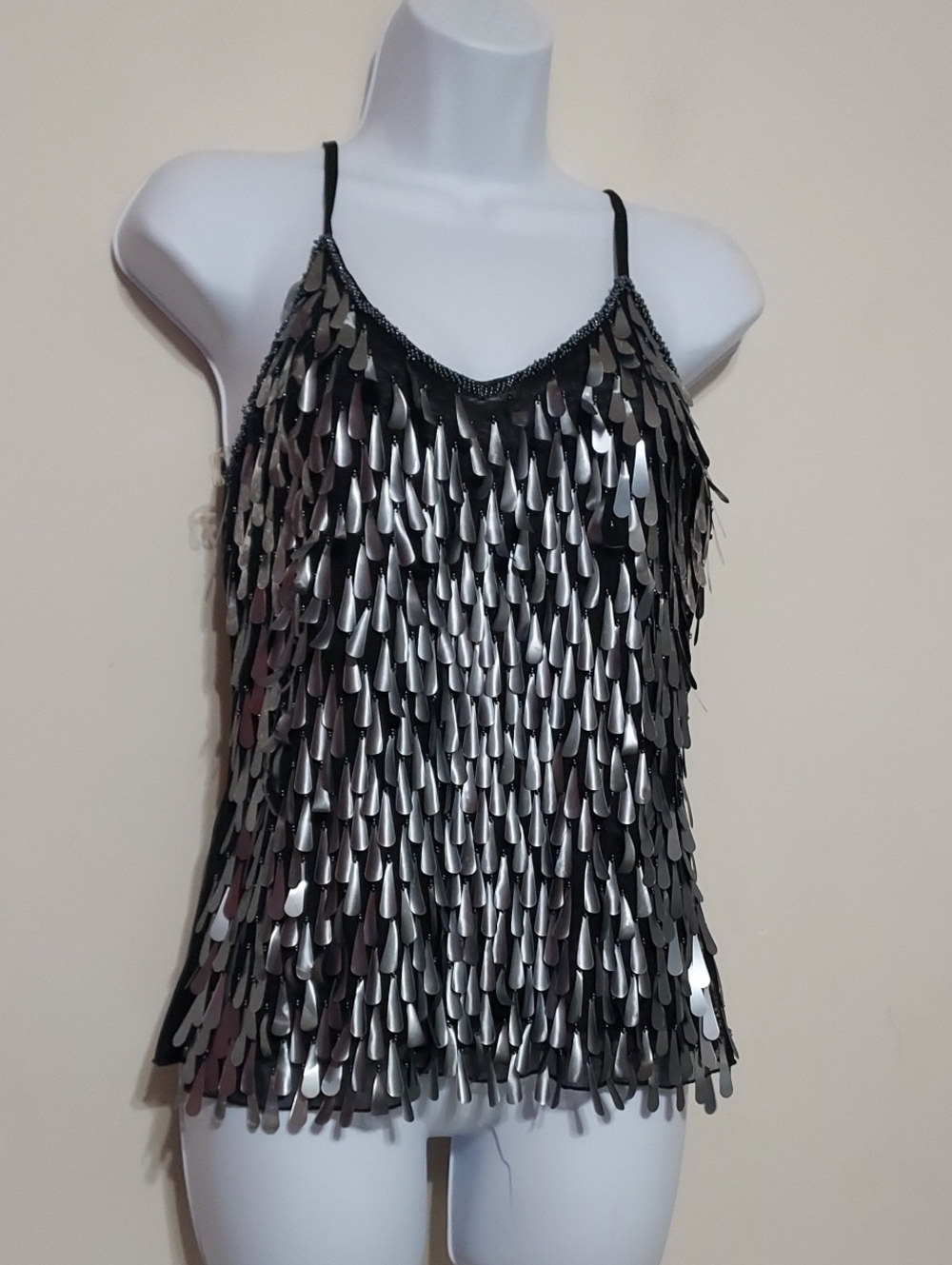 ANM Y2K Black beaded Metallic Paillettes Sequins Semi-Sheer Camisole